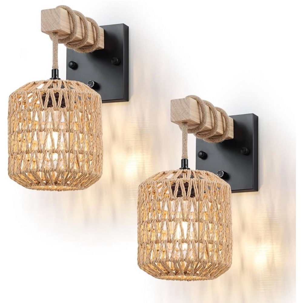 Rattan Boho Rope Wall Sconces Set of Two